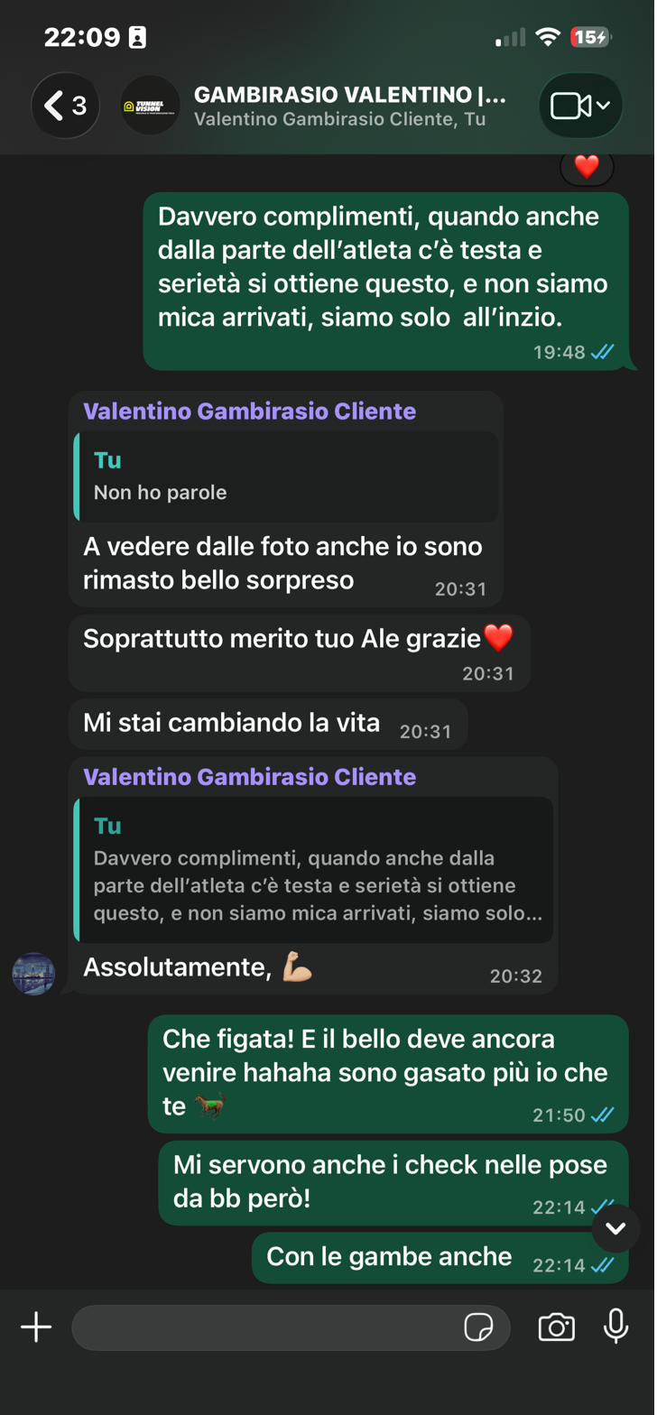 Screenshot di chat: un atleta scrive ad Alessandro «Soprattutto merito tuo Ale grazie» e «Mi stai cambiando la vita»