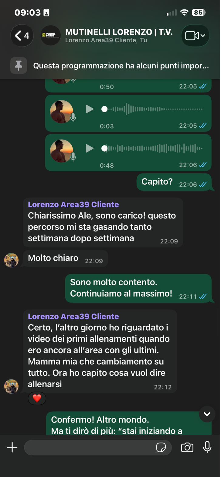 Screenshot di chat: un atleta in preparazione gara scrive che ogni giorno non vede l'ora di allenarsi