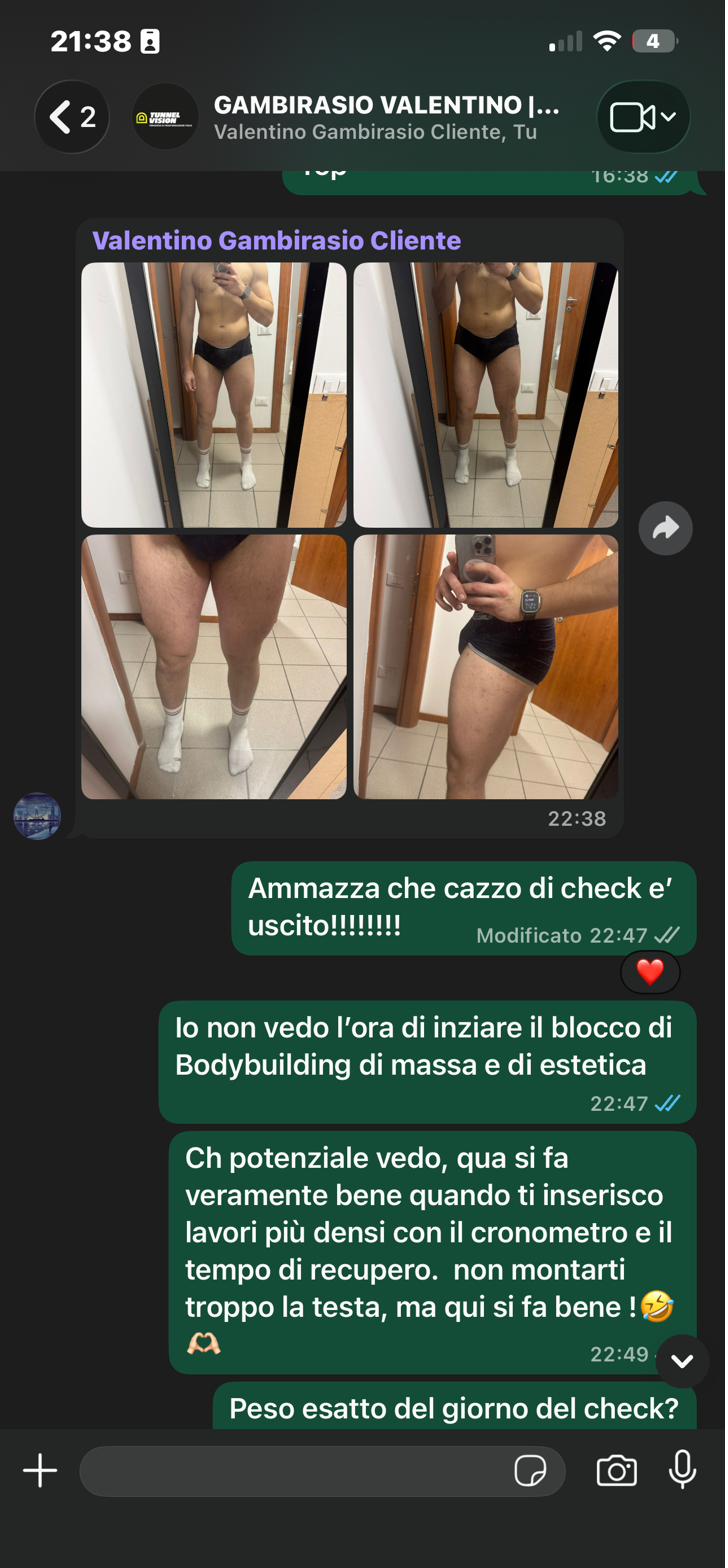 Screenshot di chat: un atleta in preparazione gara riferisce di essere sempre meno stanco e con più voglia di spingere